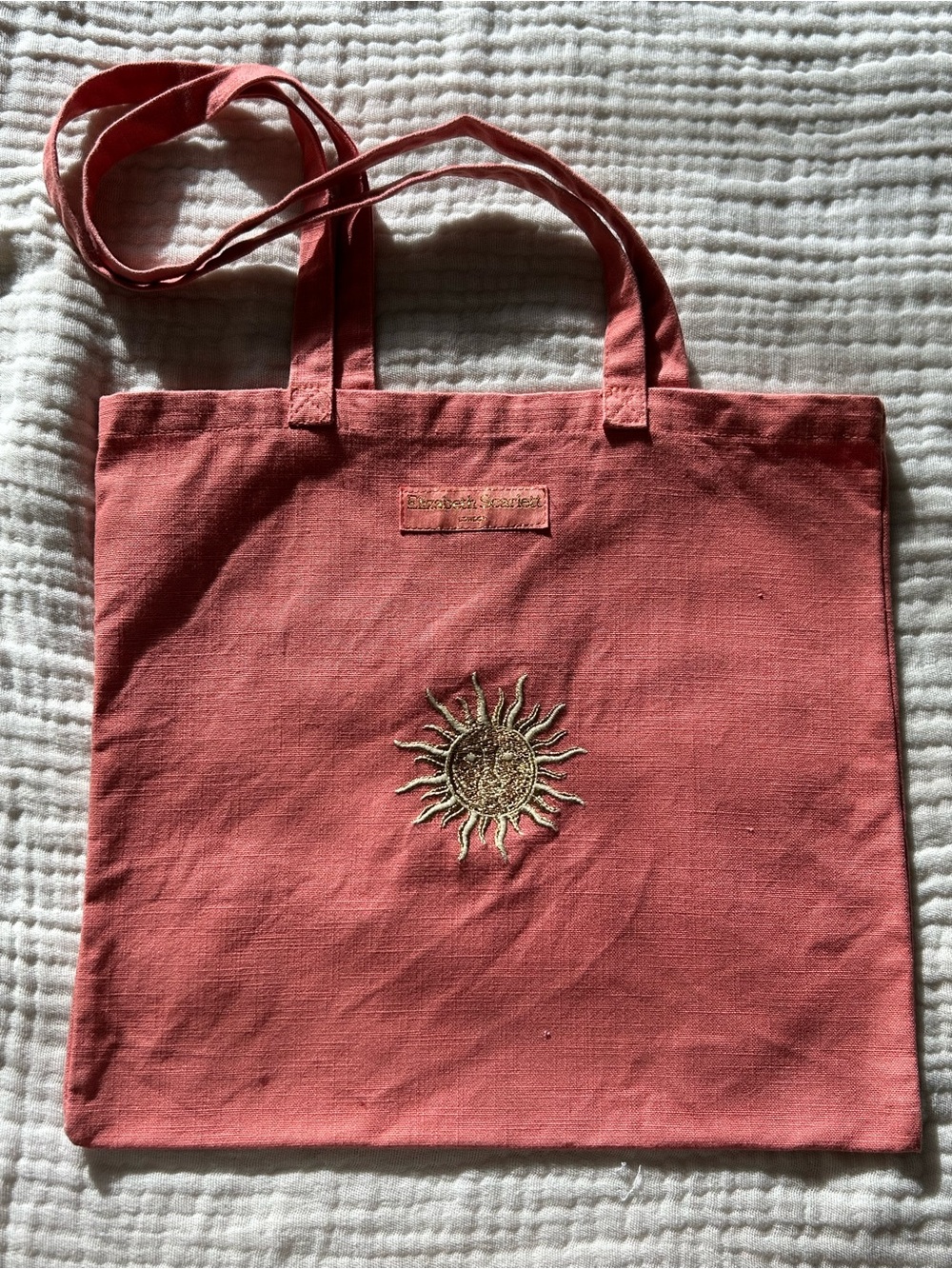 Elizabeth Scarlett London Cotton Tote Bag Sun Embroidery Coral Pink Canvas